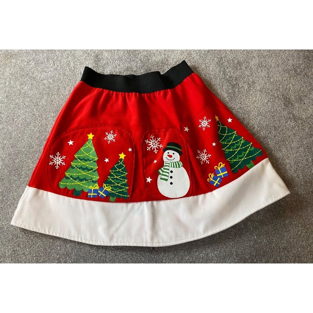 Merry & Bright Christmas Holiday Skirt Snowman Scene Elastic Waistband Medium
